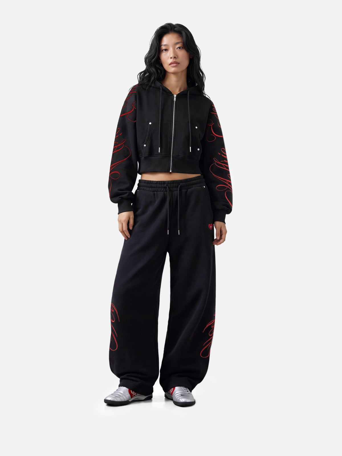 Aelfric Eden Cropped Script Embroidery Zip Up Hoodie