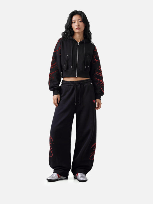 Aelfric Eden Cropped Script Embroidery Zip Up Hoodie