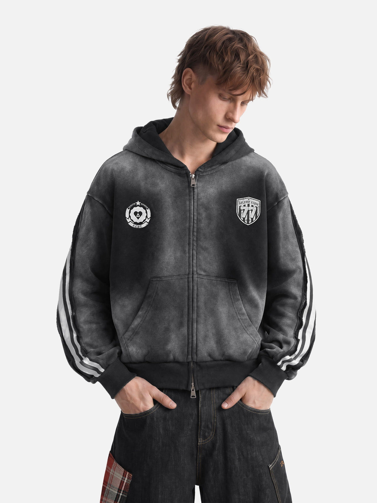 Aelfric Eden Boxy fit 77 Stripe Zip Hoodie – Acid Wash