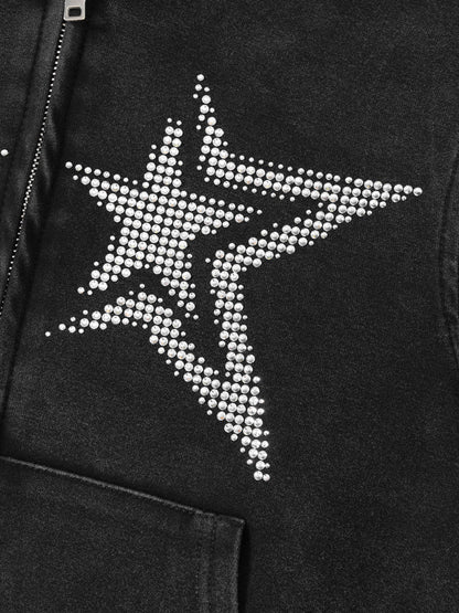 Aelfric Eden Cropped Rhinestone Star Zip Up Hoodie