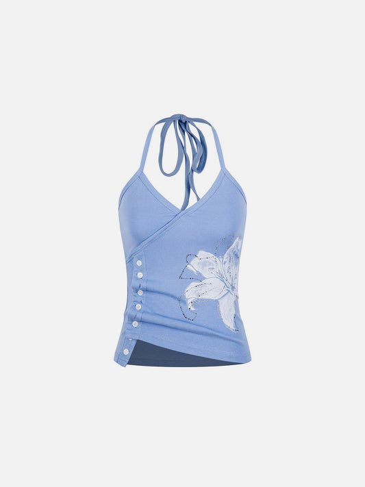 Aelfric Eden Rhinestone Floral Button Halter Top