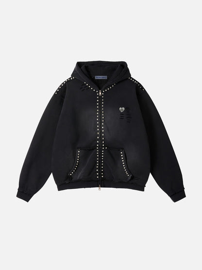 [Pre-Order] Aelfric Eden Distressed Rhinestone Zip Up Hoodie