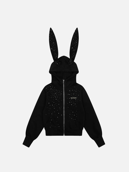 Aelfric Eden Rhinestone Bunny Ear Cropped Zip Up Hoodie
