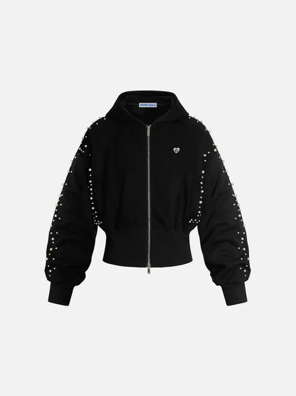 [Pre-Order] Aelfric Eden Cropped Pearl Studded Zip Up Hoodie