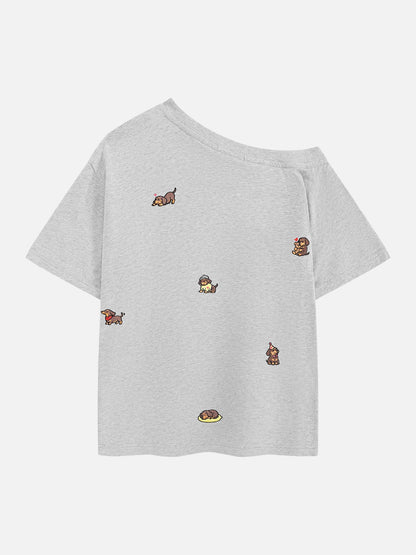 [Pre-Order] Aelfric Eden Dachshund Embroidery Off-The-Shoulder Tee