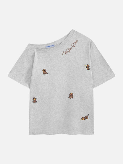 [Pre-Order] Aelfric Eden Dachshund Embroidery Off-The-Shoulder Tee