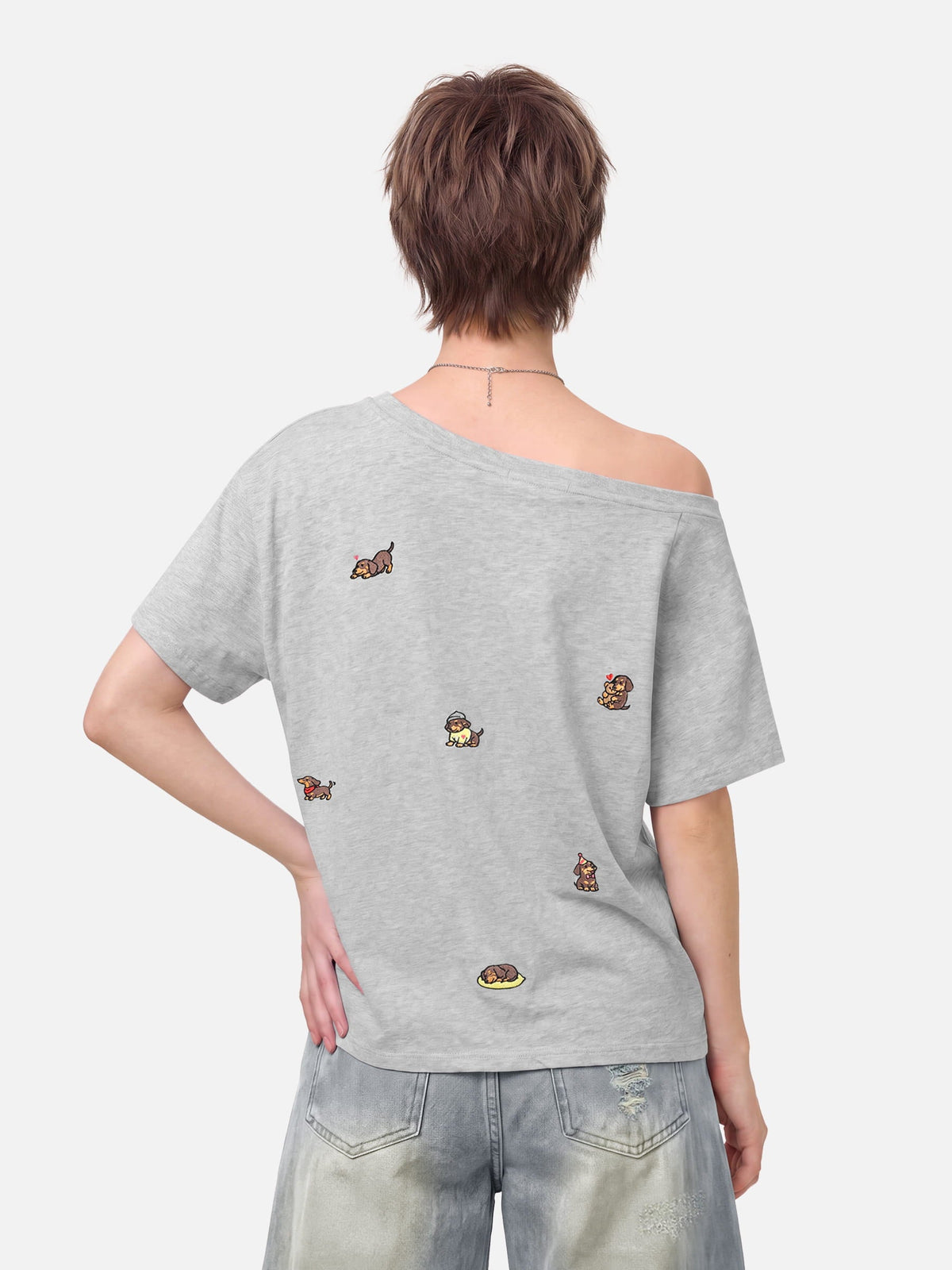 [Pre-Order] Aelfric Eden Dachshund Embroidery Off-The-Shoulder Tee