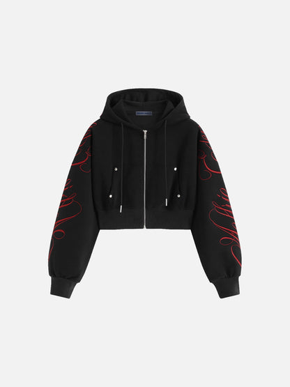 Aelfric Eden Cropped Script Embroidery Zip Up Hoodie