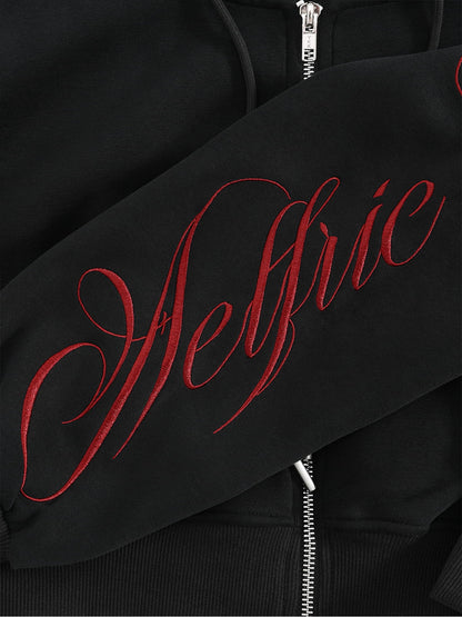Aelfric Eden Cropped Script Embroidery Zip Up Hoodie