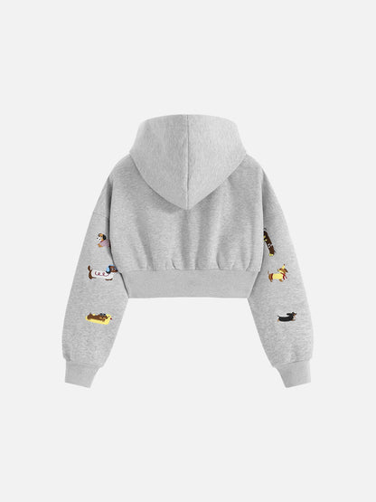 Aelfric Eden Cropped Embroidered Dachshund Zip Up Hoodie