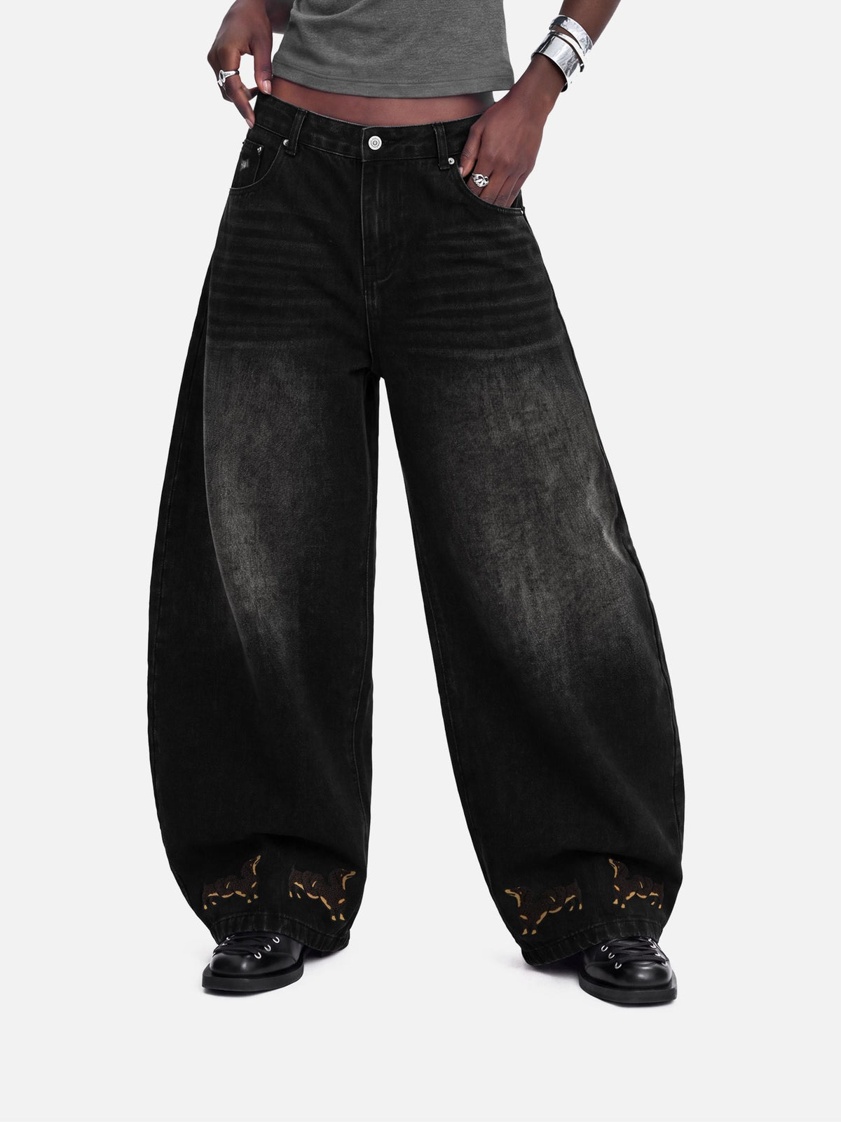 Aelfric Eden Dachshund Embroidery Baggy Barrel Jeans