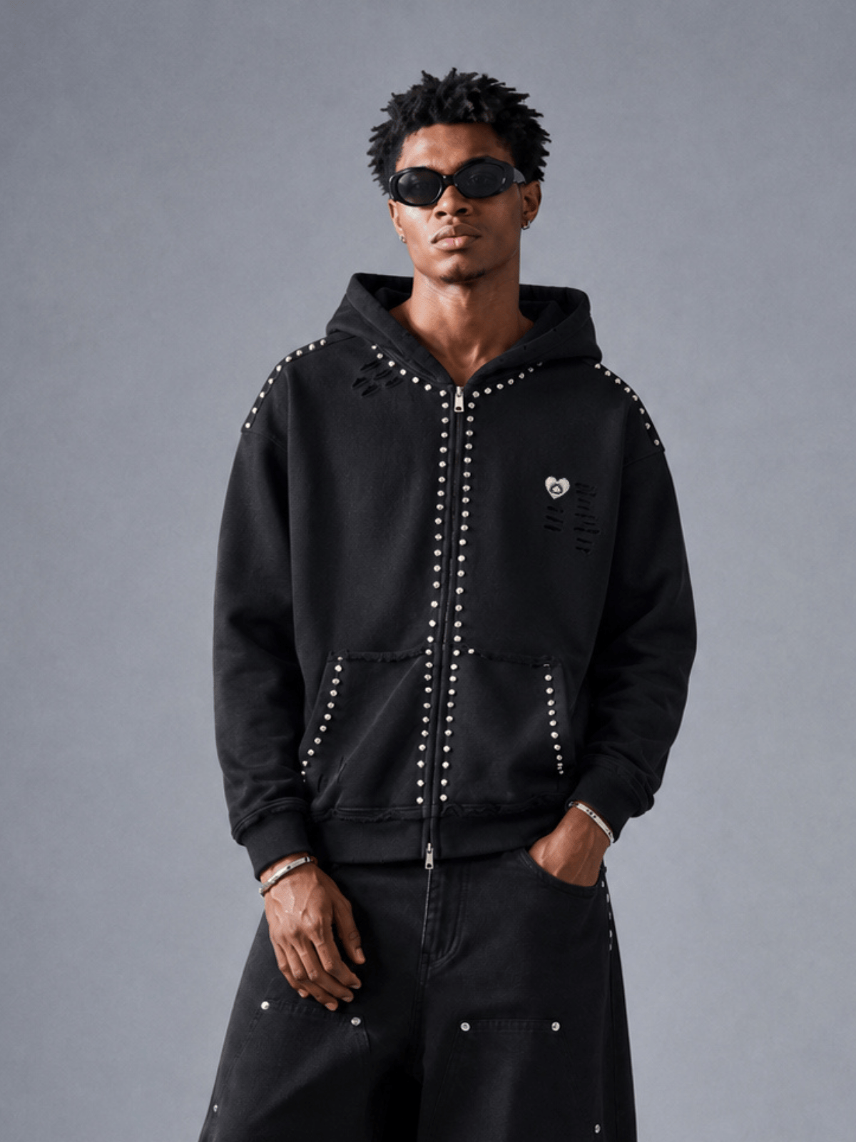 [Pre-Order] Aelfric Eden Distressed Rhinestone Zip Up Hoodie