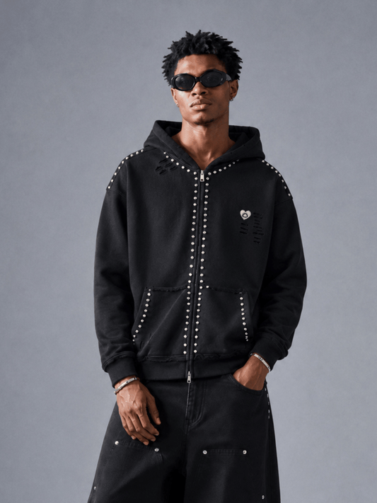 [Pre-Order] Aelfric Eden Distressed Rhinestone Zip Up Hoodie