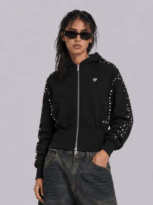 [Pre-Order] Aelfric Eden Cropped Pearl Studded Zip Up Hoodie